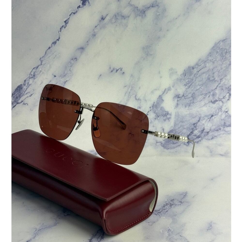 NEW Gucci GG1923SA Silver Red Square Pearl Sunglasses